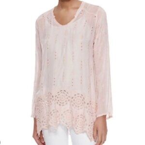 Johnny Was Eyelet Embroidered Floral Shirred Yoke Tunic 2X Pink Boho Lagenlook
